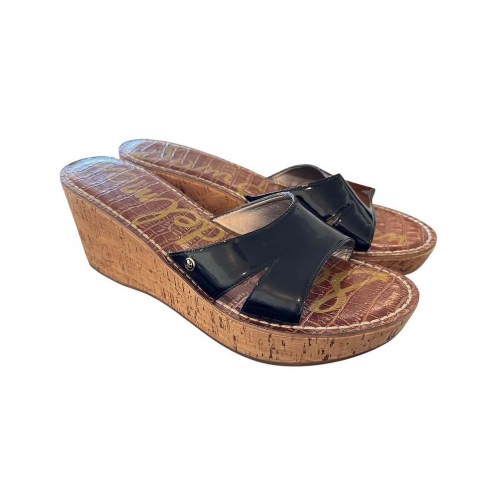 Sam Edelman Womens Reid Wedge Sandals 10M Black‎ Patent Platform Cork Polished